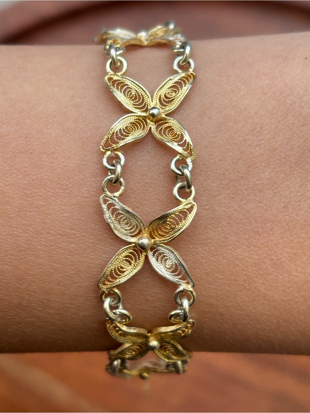 Vintage 800 Silver Gold Finish Filigree Bracelet 7” Floral Link Statement